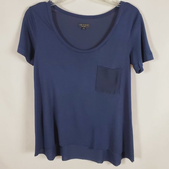 Rag & Bone Navy Blue Crew Neck Pocket Tee With A High Low Raw Hem - Sz XS - Picture 1 of 7